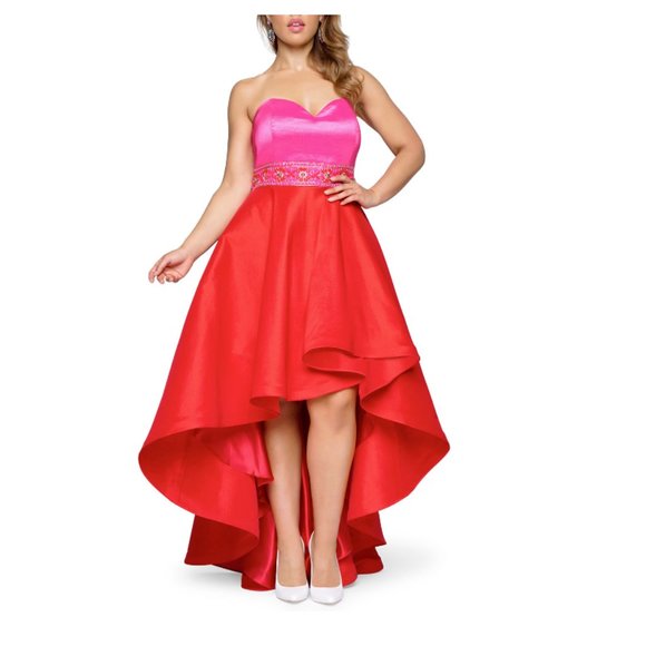 MAC DUGGAL STRAPLESS COLOR-BLOCK HIGH LOW RED/PINK GOWN sz 18W - Picture 1 of 11